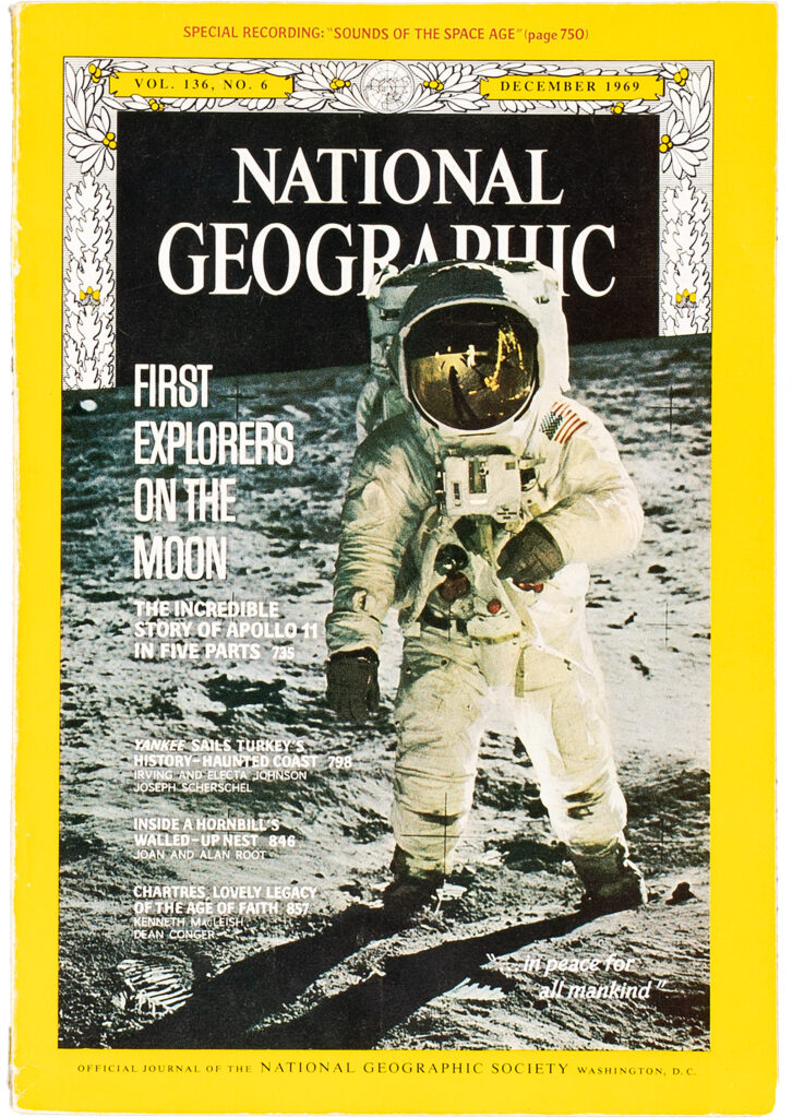The December 1969 issue of National Geographic with Buzz Aldrin, the second man on the moon on the cover.